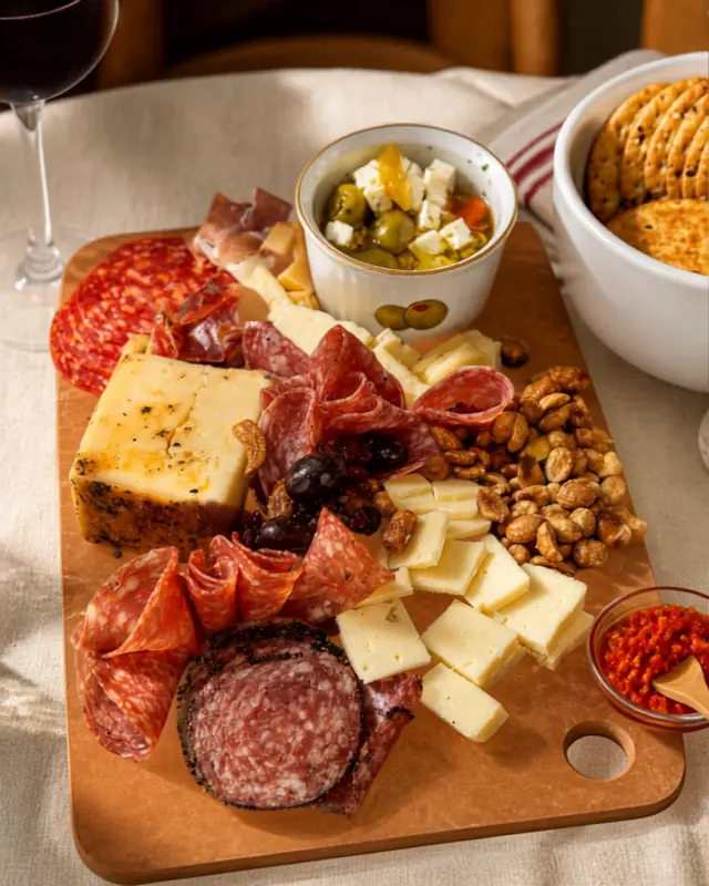 A wooden paddle board with salami, coppa, peppered cheese, spiced walnuts and marinated olives, next to a glass of red wine