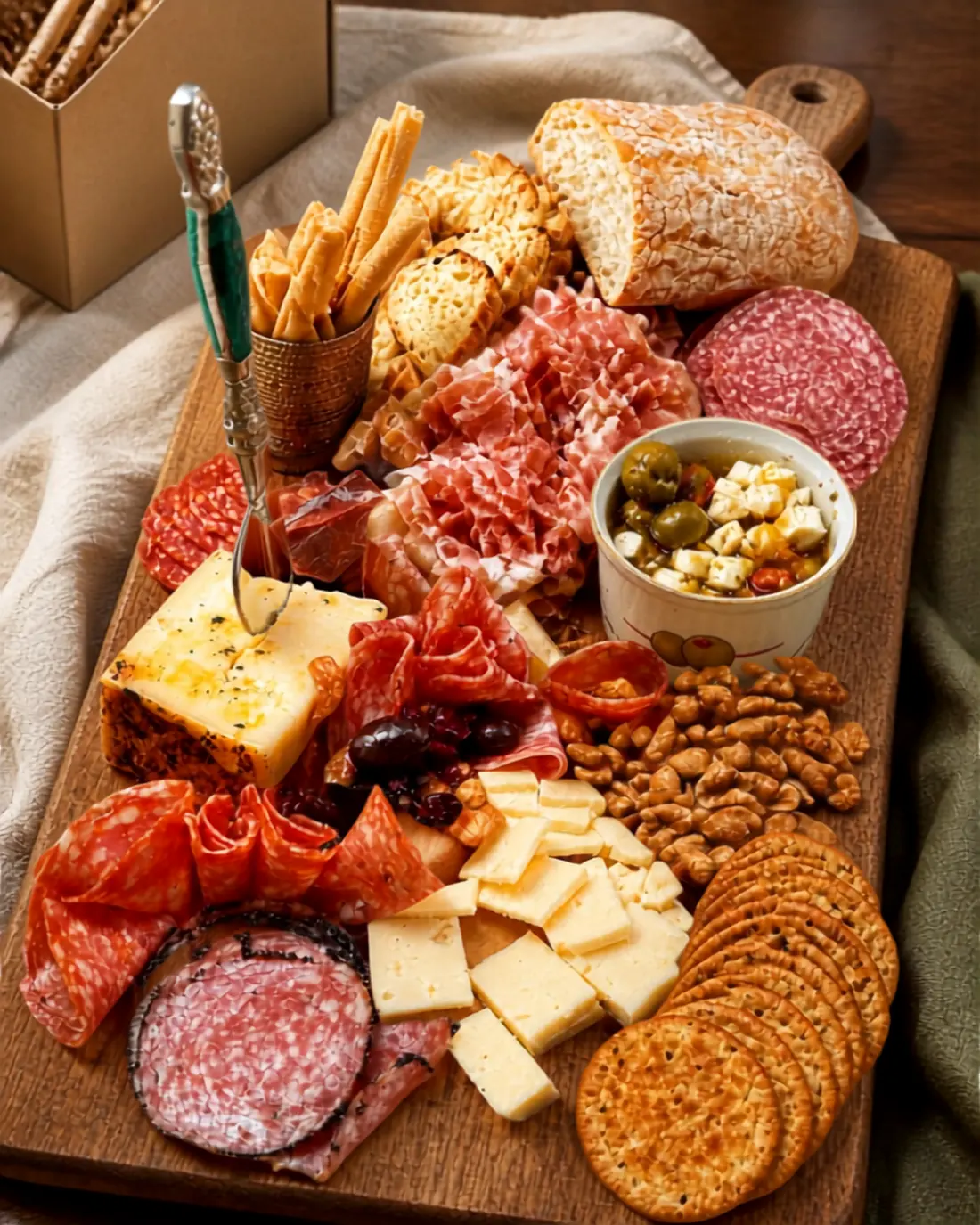 A long wooden board loaded with salami, coppa, cheeses, spiced walnuts, olives, crackers and a round loaf of bread