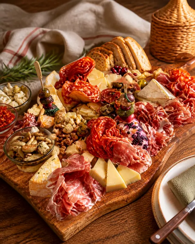 A wooden board of salami roses, brie wedges, olives and spiced nuts, with a plate and a knife set beside it