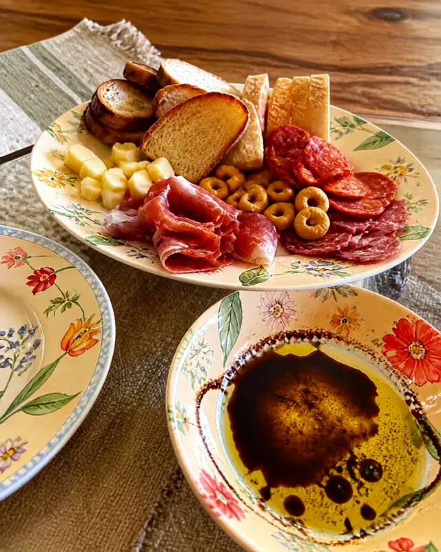 A floral plate made up from the board: coppa, salami, cheese, toasted bread and taralli, with oil and balsamic alongside
