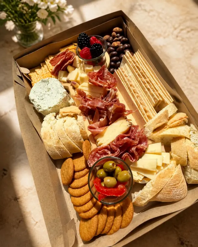A charcuterie box on a sunlit patio table: prosciutto, cubed cheese, a herbed cheese round, breadsticks, crackers, olives and berries